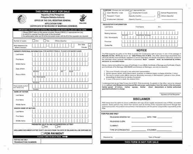 Application form for PSA CENOMAR online request