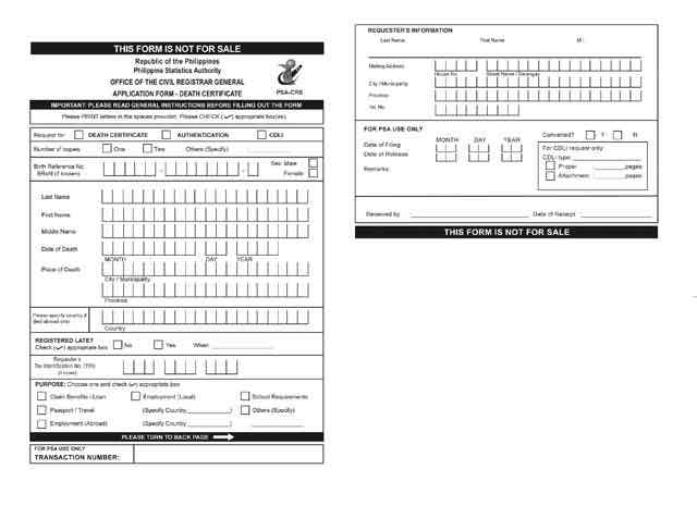 Application form for PSA death certificate online request