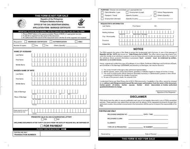 Application form for PSA marriage certificate online request
